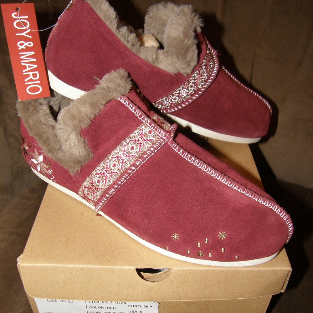 NEW Women's JOY & MARIO Red Suede Cardiff Winter Shoes Flats Slippers Size 6